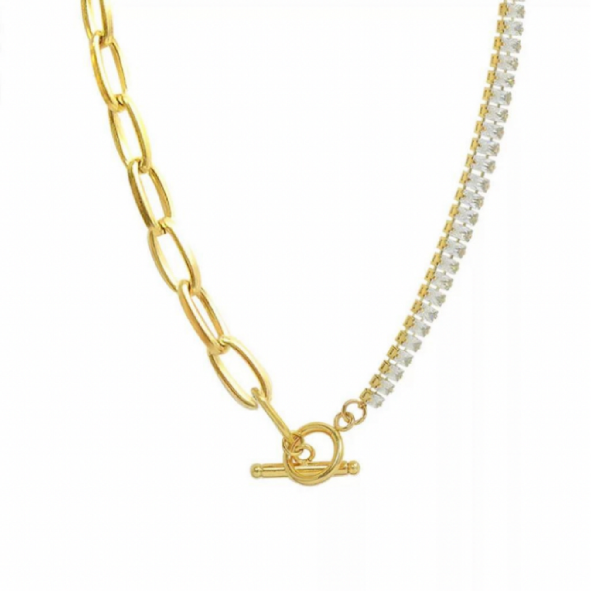 Gold plated stainless steel necklace, half chain links and half shiny pave crystals, a very luxurious piece to rock at any party