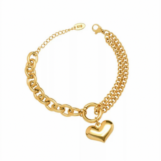 18 carat stainless steel bracelet with cuban chain links and a heart pendant