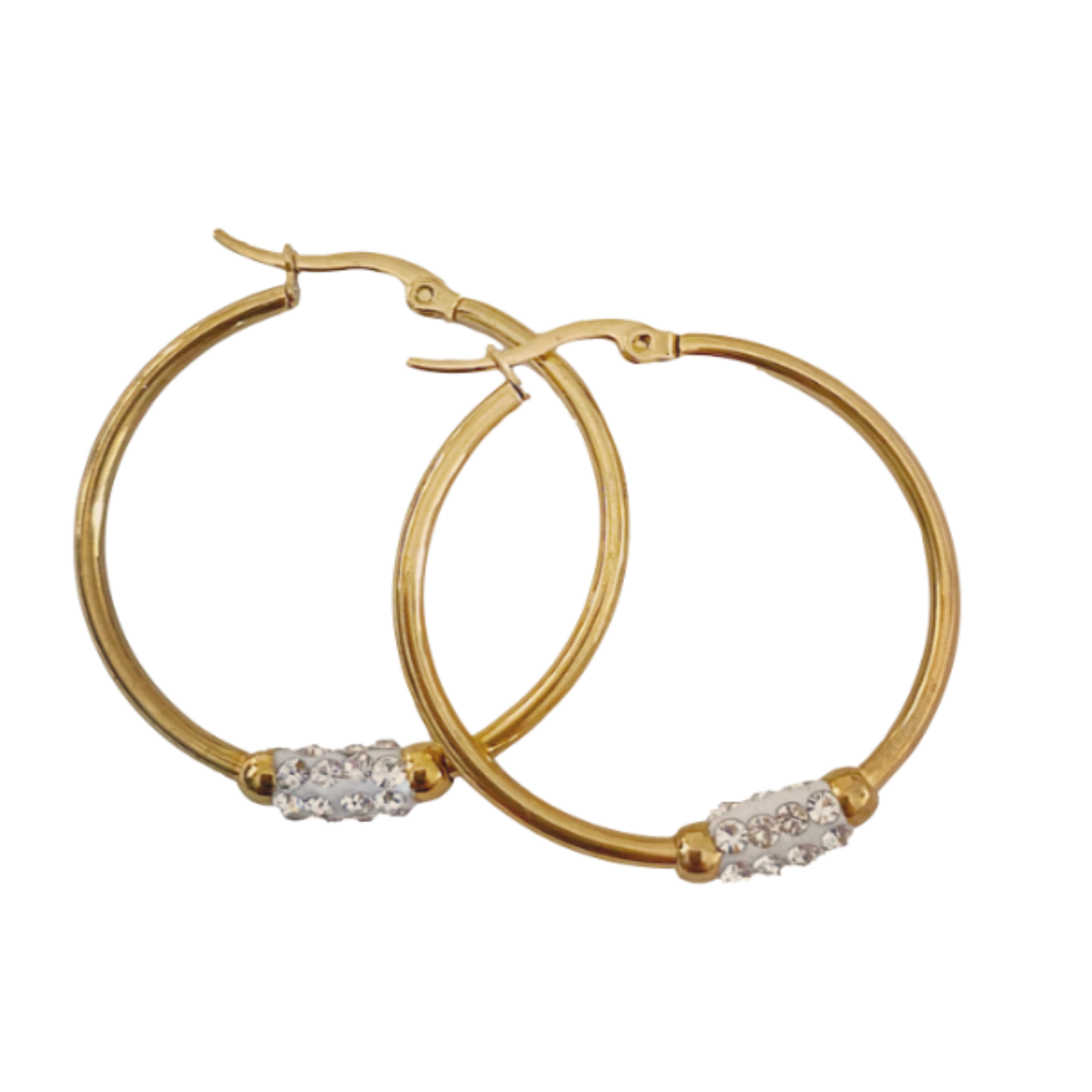 Beautiful, medium size 18K Gold, stainless steel hoops, with crystals details and clasp, for pierced ears