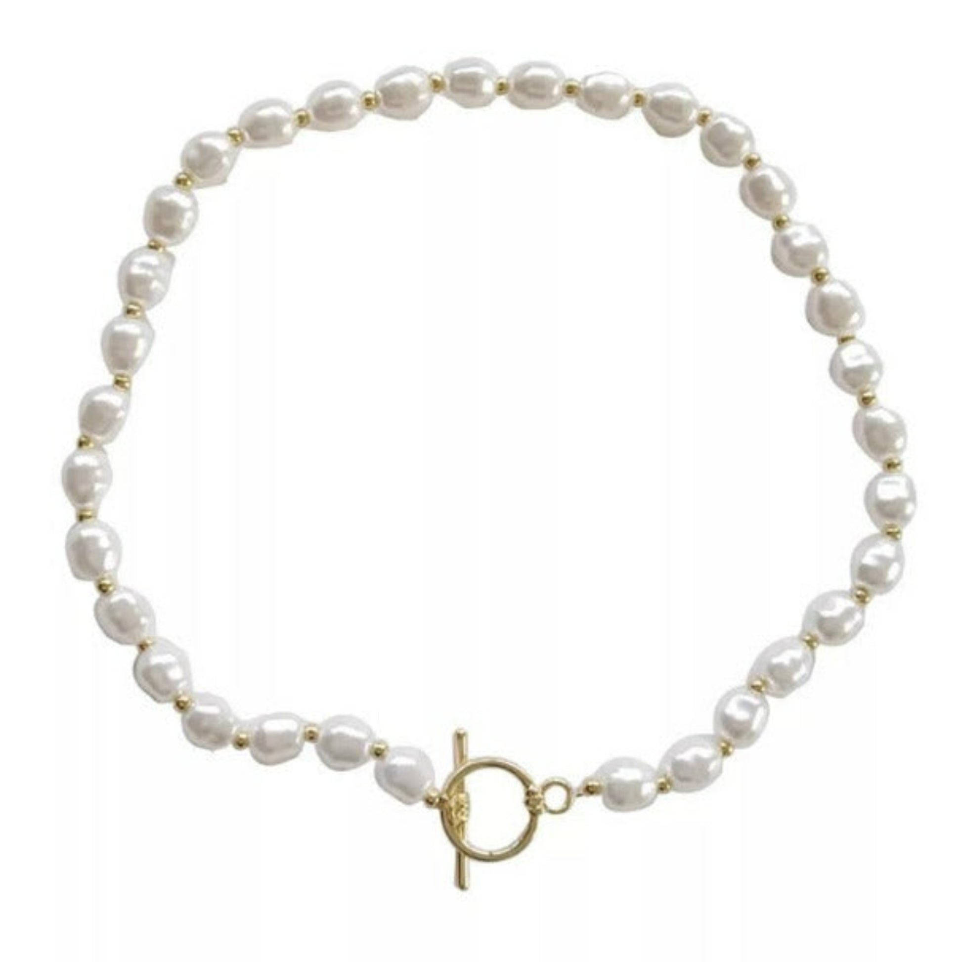 White pearls necklace chocker with gold beads in between each pearl and a very trendy  t clasp